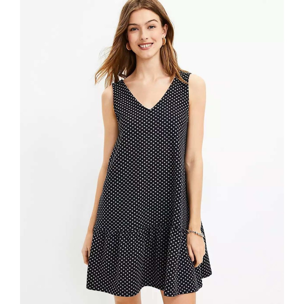LOFT NWT Double V Flounce Dress
Navy Blue White Polka‎ Dot Ruffle Hem Swing M